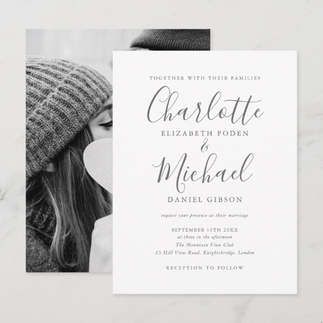 Invitation Carte Postale Élégant Mariage photo de script de signature (Devant / Derrière)
