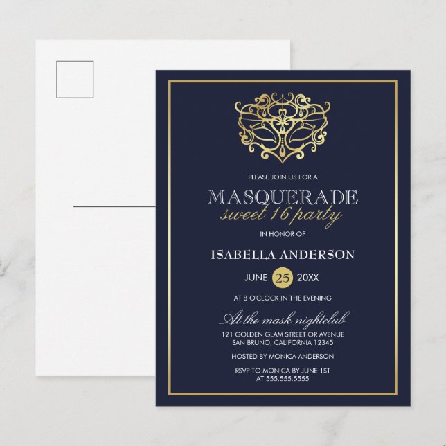 Invitation Carte Postale Elégant Marine Bleu & Or Masquerade Sweet 16 Party (Devant / Derrière)