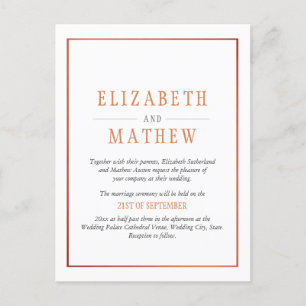 Invitation Carte Postale Élégant minimaliste blanc Mariage en cuivre orange