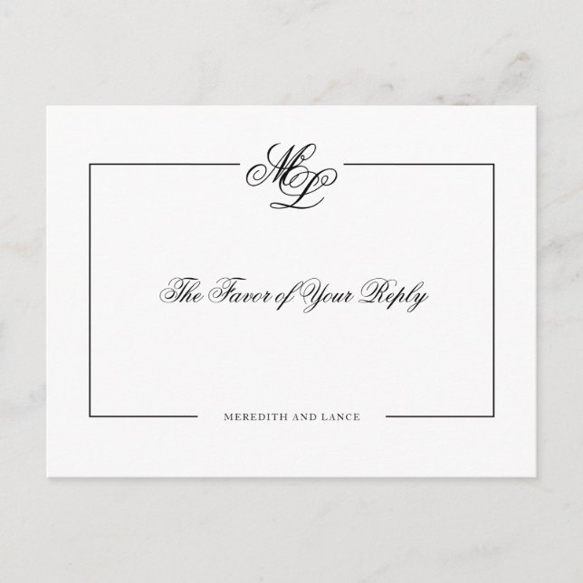 Invitation Carte Postale Élégant Monogram Black Script Mariage Réponse (Devant)