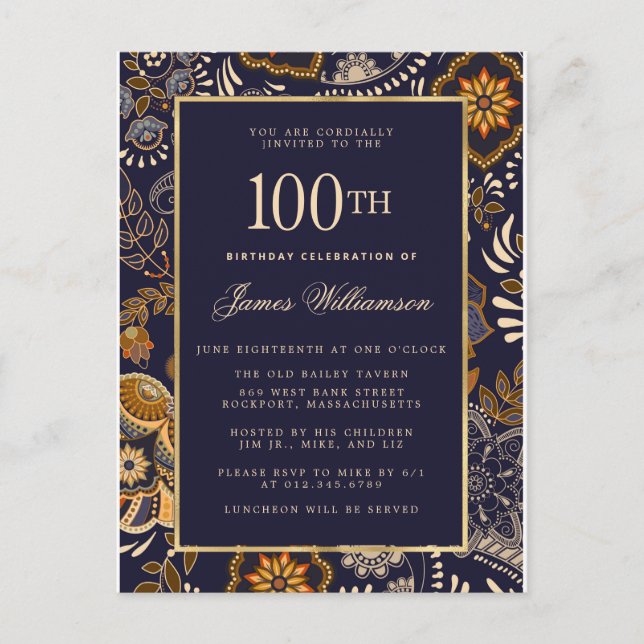 Invitation Carte Postale Elégant Motif bleu et or 100e anniversaire (Devant)