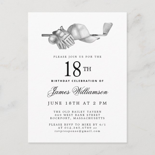Invitation Carte Postale Elégant Noir Blanc Golf 18ème anniversaire (Devant)