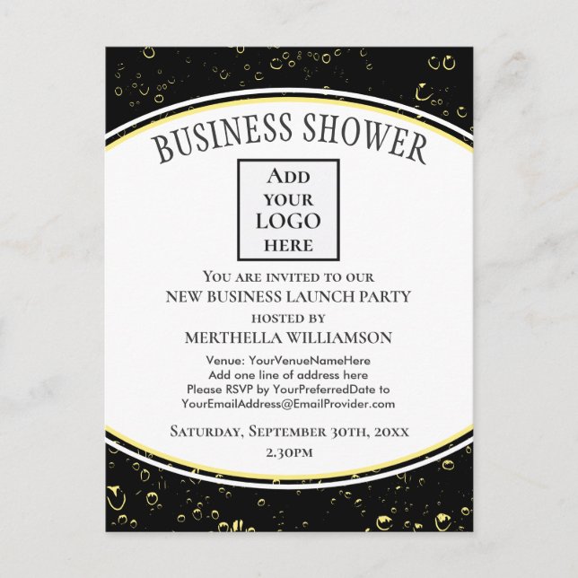 Invitation Carte Postale Élégant Noir Nouveau Logo de douche d'affaires (Devant)