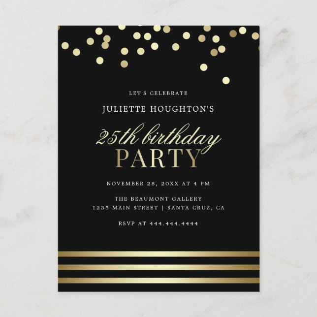 Invitation Carte Postale Elégant Noir tendance Confetti Glossy Anniversaire (Devant)