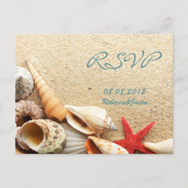 Invitation Carte Postale élégant océan sable coquillages plage mariage rsvp (Devant)