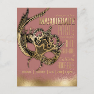 Invitation Carte Postale Elégant or rose Masquerade Masque fête d'anniversa