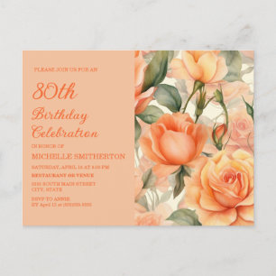 Invitation Carte Postale Elegant Peach Orange Floral Roses 80e Anniversaire