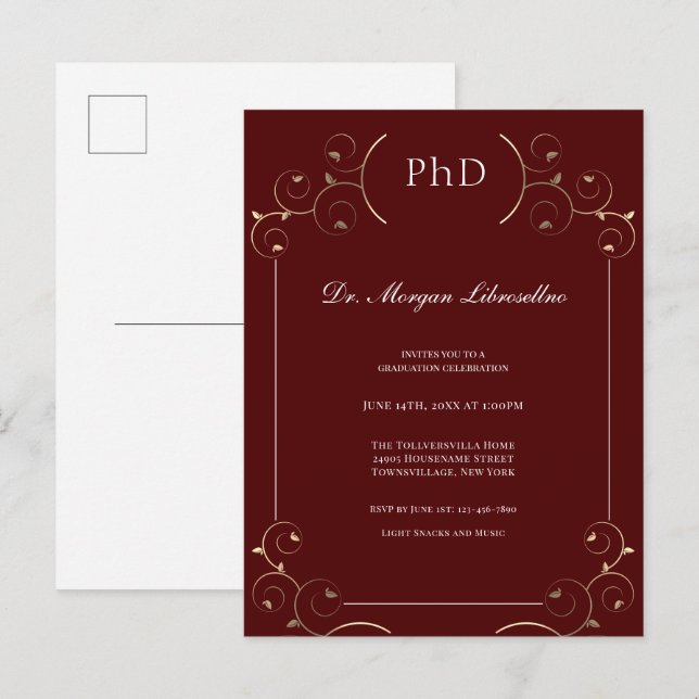 Invitation Carte Postale Élégant PhD Gold Bourgogne (Devant / Derrière)