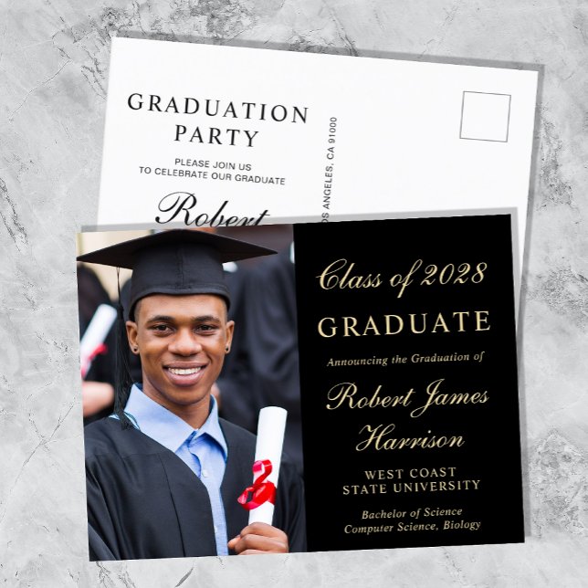 Invitation Carte Postale Elégant Photo College Black Graduation Party (Créateur téléchargé)