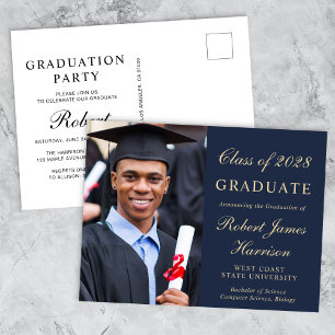 Invitation Carte Postale Elégant Photo College Blue Graduation Party