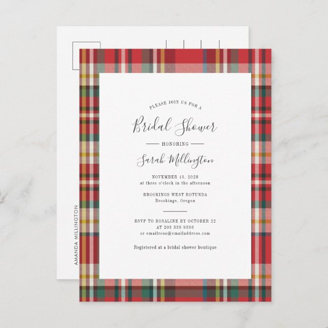 Invitation Carte Postale Élégant Plaid Rustique Fête des mariées moderne (Devant / Derrière)