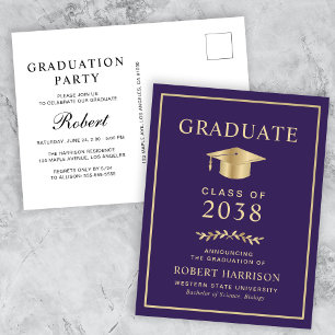 Invitation Carte Postale Élégant Purple Gold College Parti de graduation