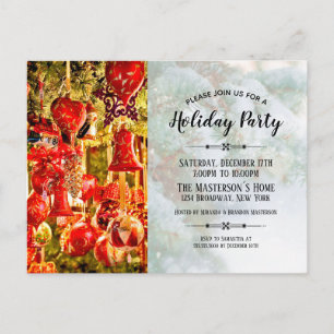 Invitation Carte Postale Élégant Red Baubles et Bells Fête de Vacances