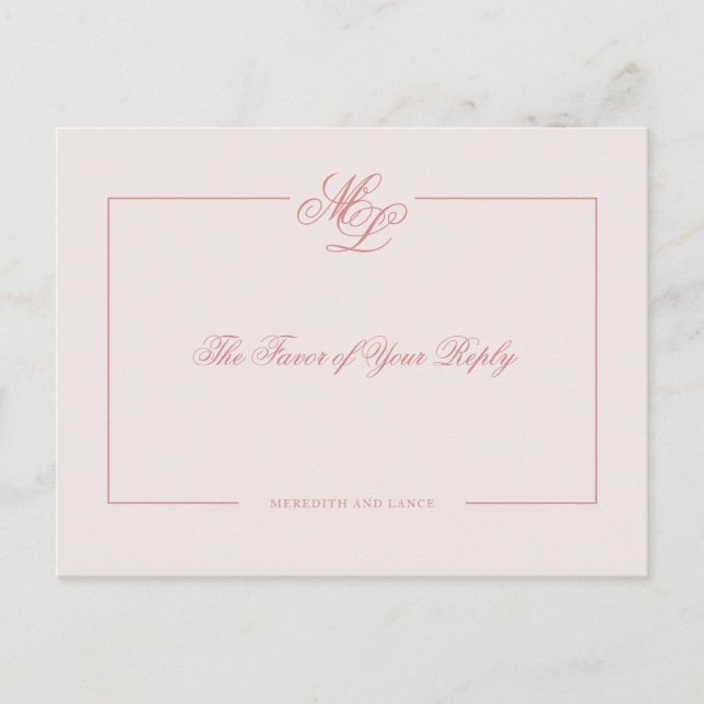 Invitation Carte Postale Élégant Rose de monogramme Blush Script Mariage Ré (Devant)