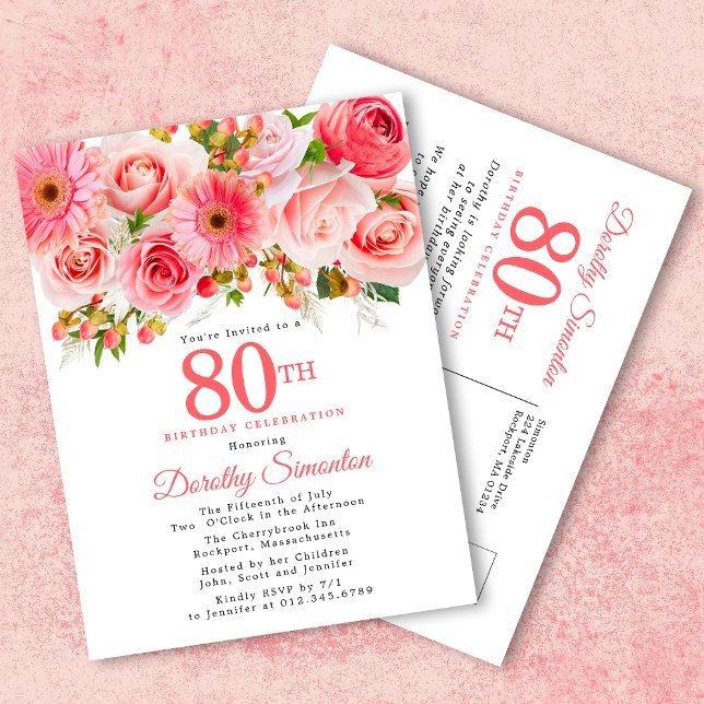 Invitation Carte Postale Elégant rose rose florale 80e anniversaire (Créateur téléchargé)