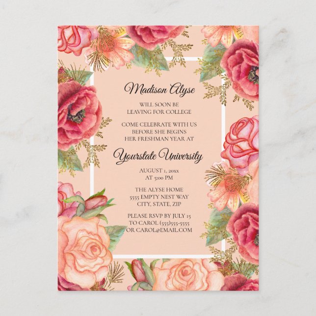 Invitation Carte Postale Élégant rose rose Roses Floral College Trunk Party (Devant)