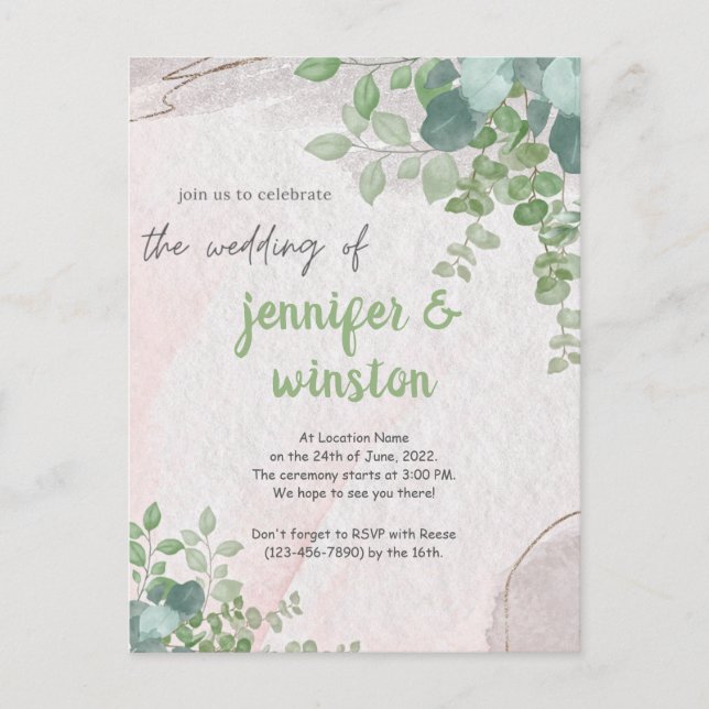 Invitation Carte Postale Élégant Rustique Eucalyptus Feuille Mariage (Devant)