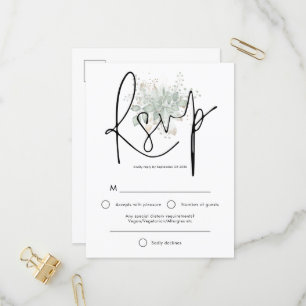 Invitation Carte Postale Élégant Sage Foliage noir Script mariage RSVP