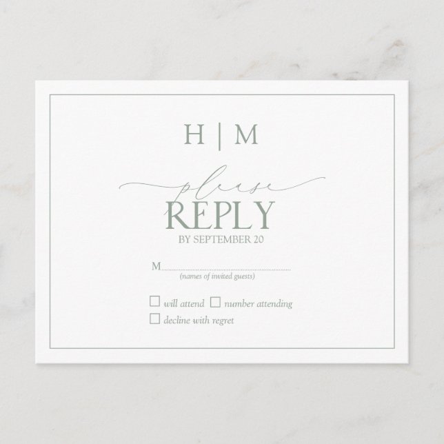 Invitation Carte Postale Élégant Sage Green Calligraphie Monogramme RSVP (Devant)