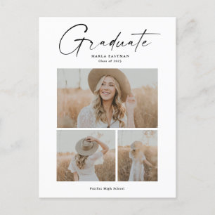 Invitation Carte Postale Élégant Script Diplômé Photo Collage Graduation