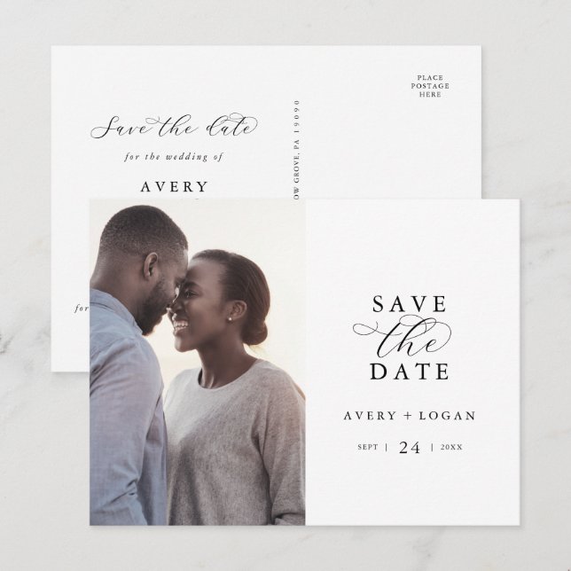 Invitation Carte Postale Élégant script photo Enregistrer la date (Devant / Derrière)