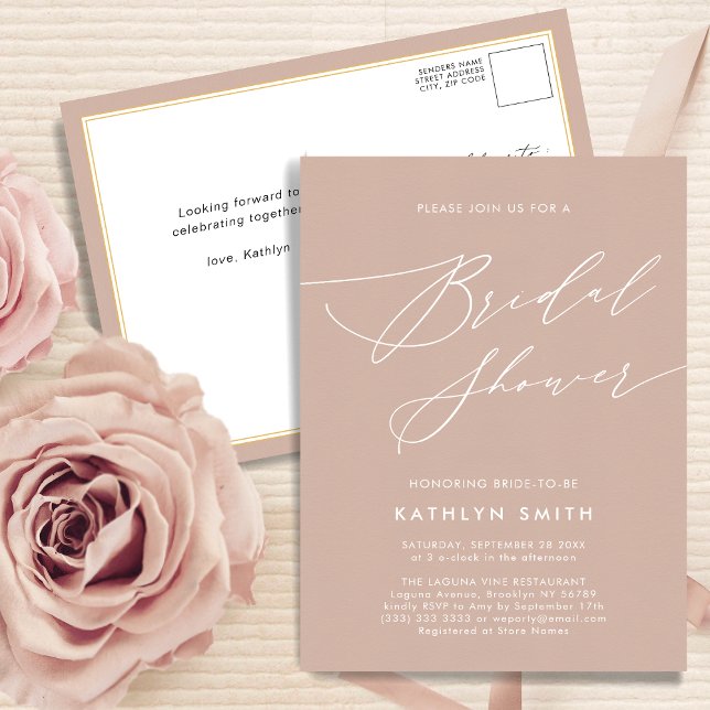 Invitation Carte Postale Élégant script rose vif Fête des mariées moderne (Créateur téléchargé)