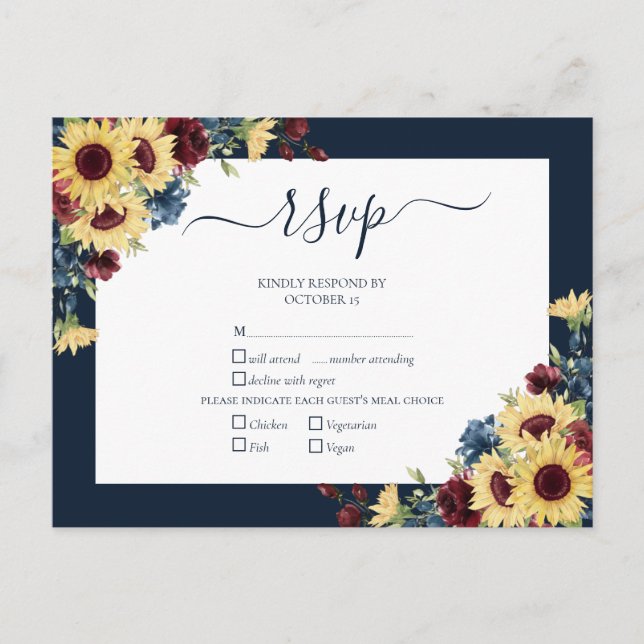 Invitation Carte Postale Elégant Sunflower Bourgogne Marine Blue Wedding RS (Devant)