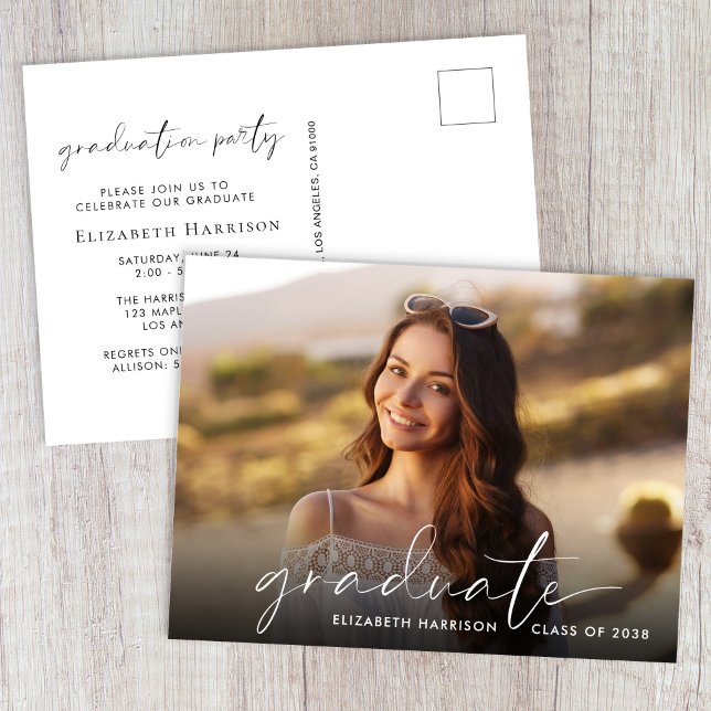 Invitation Carte Postale Élégant White Script Photo Graduation Party (Elegant White Script Photo Graduation Party Invitation Postcard)