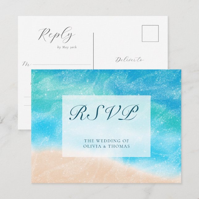 Invitation Carte Postale Elégante aquarelle classique Plage Repas de Mariag (Devant / Derrière)
