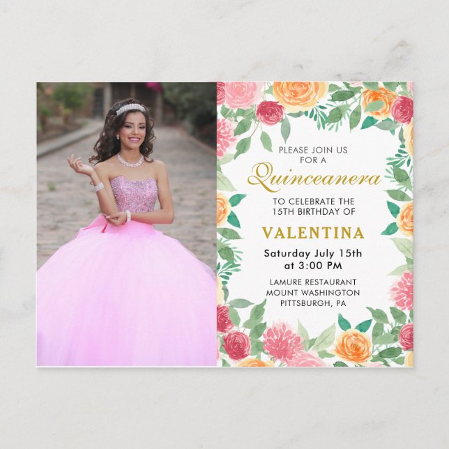 Invitation Carte Postale Elégante aquarelle Floral Quinceanera Photo (Devant)