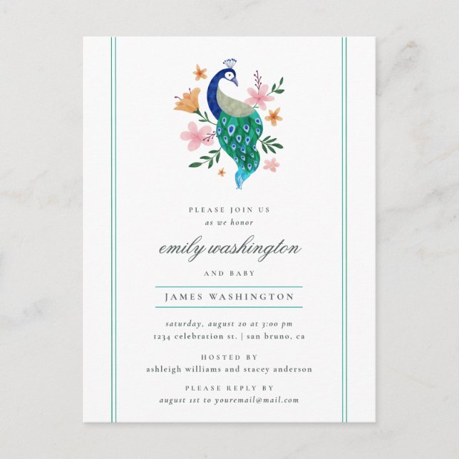Invitation Carte Postale Elégante aquarelle Peacock Baby shower garçon (Devant)