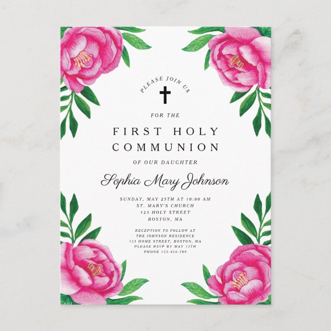 Invitation Carte Postale Elégante Aquarelle rose Floral Première Communion (Devant)
