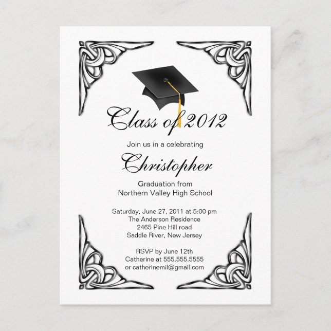 Invitation Carte Postale Élégante Black Grad Casquette de la fête de gradua (Devant)