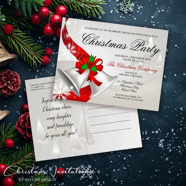 Invitation Carte Postale Élégante Boucle rouge Cloop Silver Bells Noël (Créateur téléchargé)
