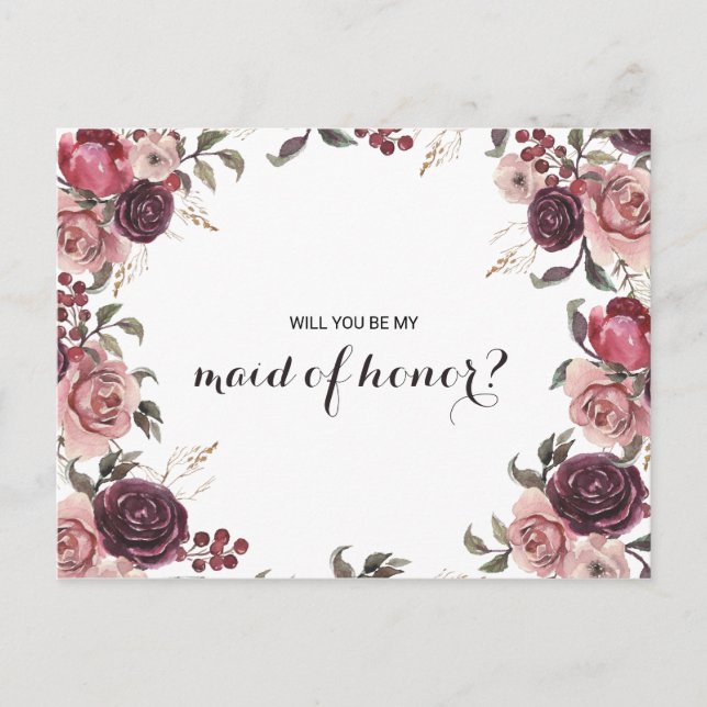 Invitation Carte Postale Élégante bourgogne été Floral Maid of Honor (Devant)