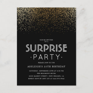 Invitation Carte Postale Elégante Confetti Or & Black Surprise Party