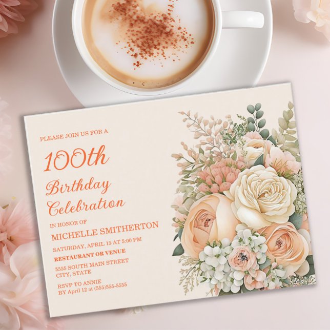 Invitation Carte Postale Elégante Crème de Pêche colorée Floral 100e annive (Peach and pink floral 100th birthday party invitation)