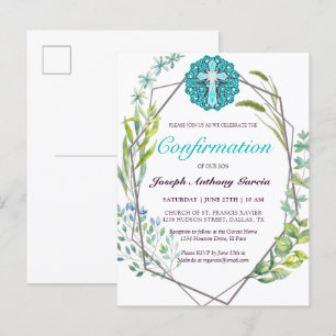 Invitation Carte Postale Elégante Croix Bleue Botanique Confirmation Floral