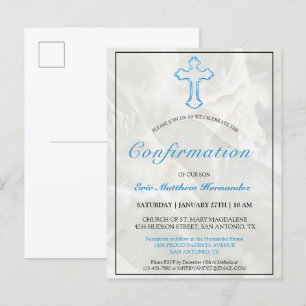 Invitation Carte Postale Elégante Croix Bleue Marbre Garçons Confirmation