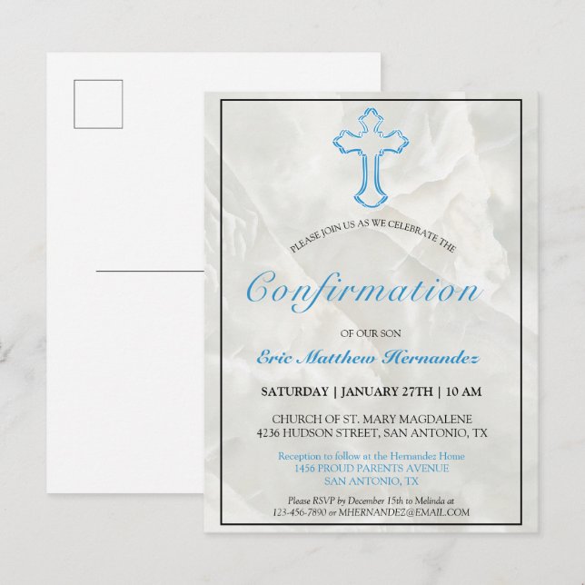 Invitation Carte Postale Elégante Croix Bleue Marbre Garçons Confirmation (Devant / Derrière)