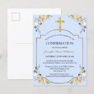 Invitation Carte Postale Elégante Croix d'or bleu Floral Confirmation Invit