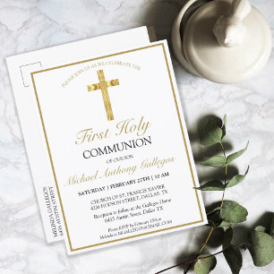 Invitation Carte Postale Élégante Croix d'or simple Première communion sain