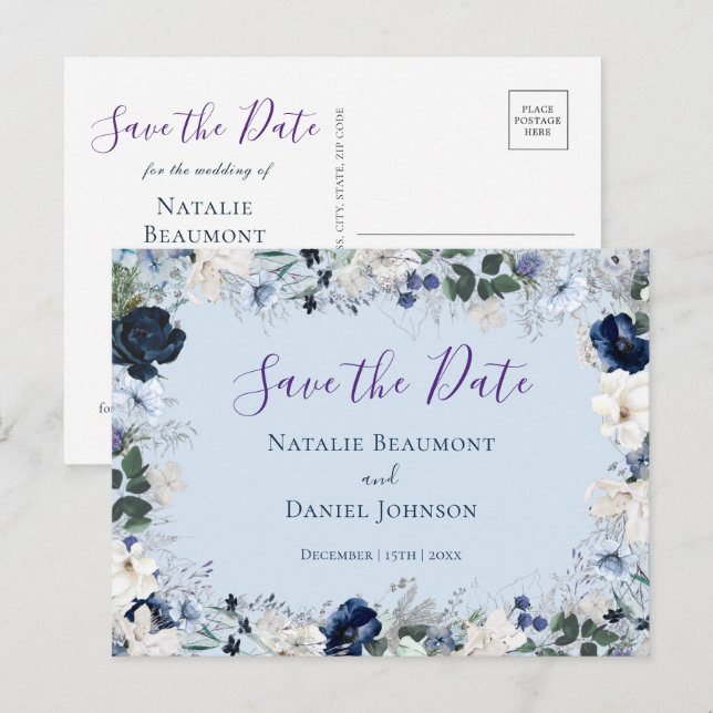 Invitation Carte Postale Elégante Dusty Blue Floral Enregistrer la date (Devant / Derrière)