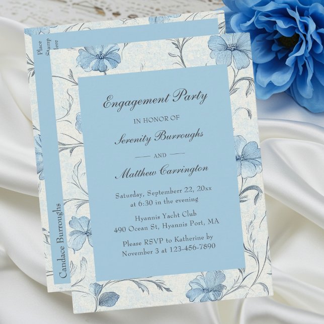 Invitation Carte Postale Élégante fête d'engagement Floral Blue Garden (Créateur téléchargé)
