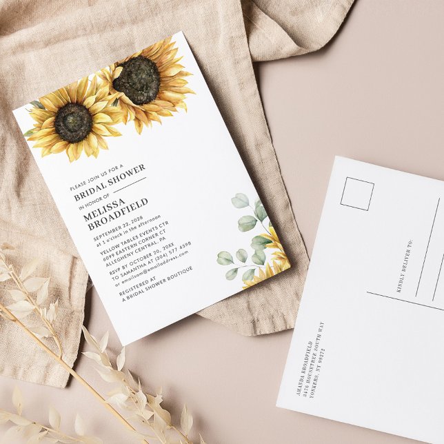 Invitation Carte Postale Elégante Fête des mariées de tournesol Eucalyptus  (Sunflower Eucalyptus Floral Bridal Shower Party Invitation Postcard)