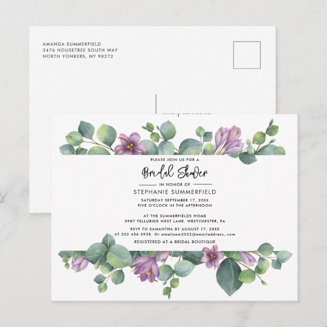 Invitation Carte Postale Élégante Fête des mariées d'Eucalyptus (Devant / Derrière)