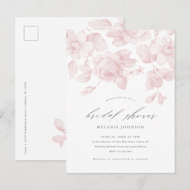 Invitation Carte Postale Élégante Fête des mariées florale rose Script (Devant / Derrière)