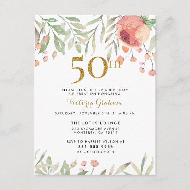 Invitation Carte Postale Élégante fête Rose de l'aquarelle du 50e anniversa (Devant)