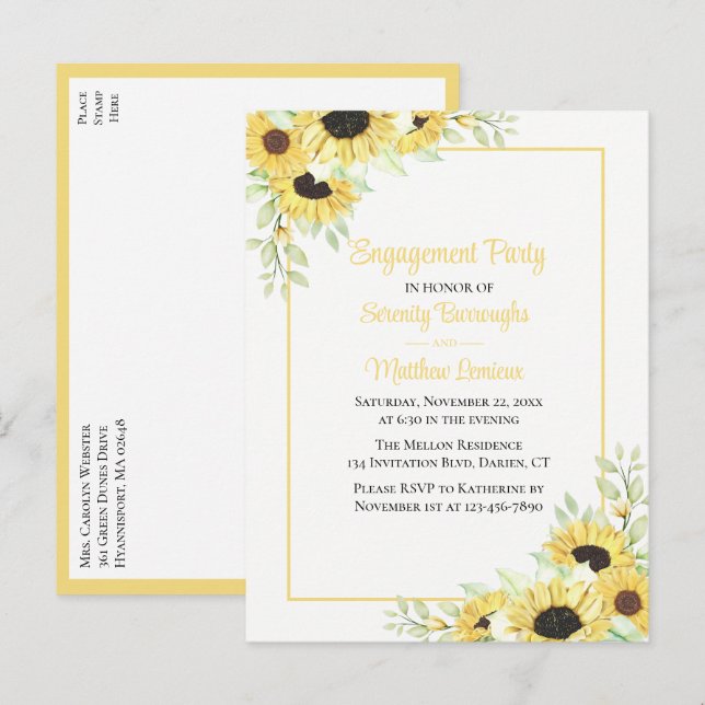 Invitation Carte Postale Élégante Fleur de soleil Jaune Florale (Devant / Derrière)