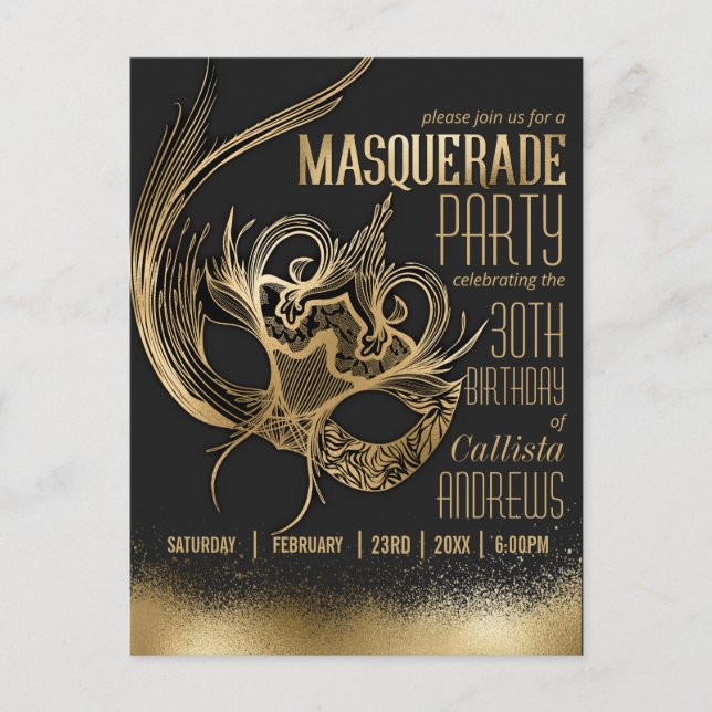 Invitation Carte Postale Elégante Gold Black Masquerade Masque fête d'anniv (Devant)